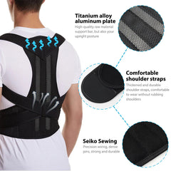 A person wears a black adjustable back posture corrector brace with three zoomed-in detail views.