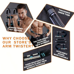 An adjustable stainless steel chest and arm trainer with a detachable design and resistance settings.