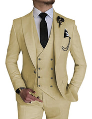 Classic Men's Formal Suit in Beige 3pcs Peak Lapel Blazer Double Breasted Vest Pants Elegant Suits for Wedding Prom Dinner Party