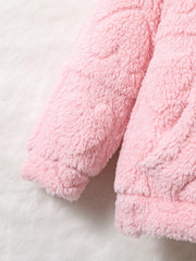 A close-up of a soft, pink plush hooded coat for girls.