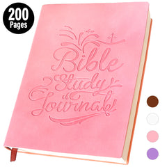 A pink Bible study journal with embossed lettering and a ribbon bookmark.