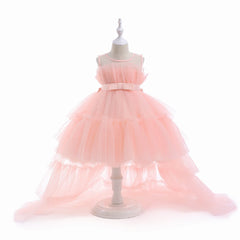 Red Puffy Tulle Flower Girls Dress Trailing First Communion Party Dresses For Girl Children Costume Princess Birthday Clothes