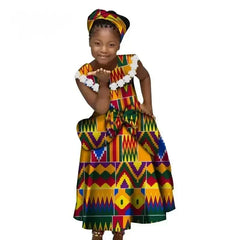 African Dresses for Little Girls Pleated Skirt Gifted Hair Band Lovely Girl Clothing with Big Bow Custom Size Clothes WYT538