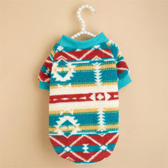 A cozy, long-sleeved dog sweater featuring a colorful, geometric national-style print.