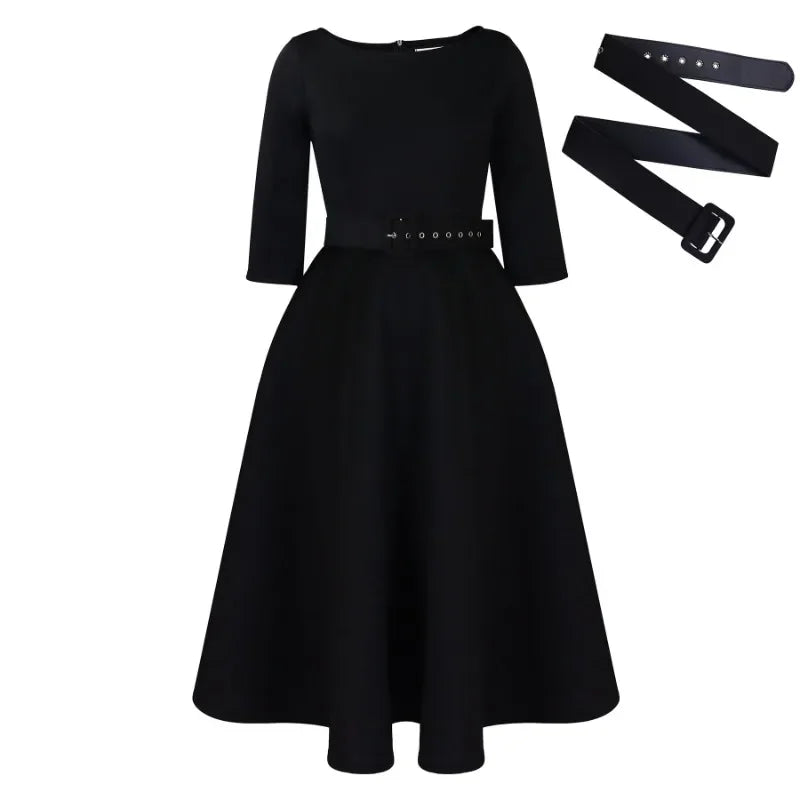A black A-line midi dress with three-quarter sleeves and a matching waist belt.