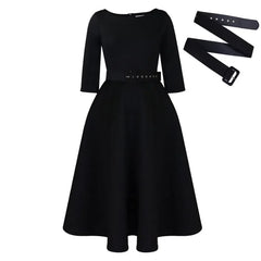 A black A-line midi dress with three-quarter sleeves and a matching waist belt.
