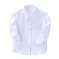 A crisp white long-sleeved button-down shirt with a classic collar for boys.