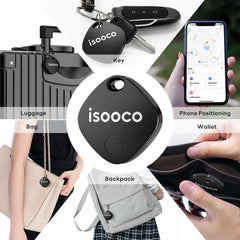 A black square isooco smart key finder shown attached to keys, luggage, bags, and wallets.