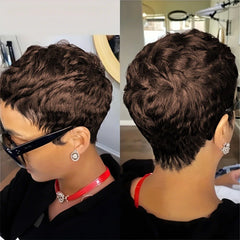 Showlu Fashion 6-inch short pixie cut straight wig made from 100% human hair with pre-styled bangs and natural hairline.