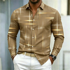 2026 men's shirt with fashionable printed lines, checkered long sleeved shirt, lapel, slim fit, business casual men's shirt