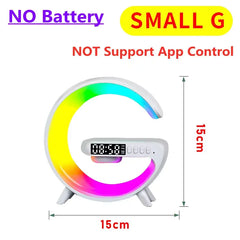 A G-shaped multifunctional lamp with a digital clock display and integrated wireless charger.