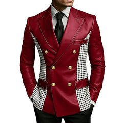 Men’s Brown Leather Blazer With Houndstooth Sides Vintage Two-Tone Double Breasted Slim Fit Gold Buttons Leather Tuxedo Jacket