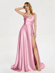 2024 New 3 Styles Simple Satin Bridesmaid Dress Cowl Neckline with Tieing Thin Straps Evening Dress Leg Slit A-line Prom Dress SHOWLU FASHION STORE