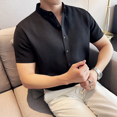 Thin Waffle Shirt, Non-Ironing Business Slim Shirt, Men's Short Sleeve Shirt Brown,Exquisite Business Short-Sleeved Shirt