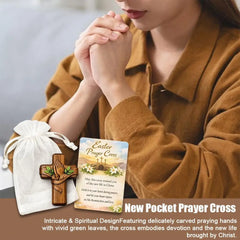 Small Pocket Prayer Cross with Card, Portable Wooden Prayer Cross Pocket Card with Bag for Easter Christmas Token, Church Favors