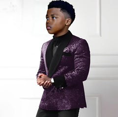 Sequin boys suit 2-piece set with double-breasted blazer and pants, stylish wedding tuxedo for kids ages 2-16.