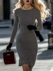 Women's Vintage Houndstooth Dress 2026 New Elegant Slim Classic Plaid Woman Trendy Midi Dresses for Formal Party Office
