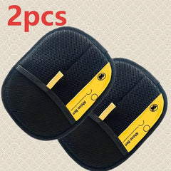 Two black and yellow pet hair removal gloves with a mesh texture.