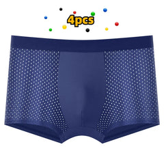 A pair of blue men's boxer briefs featuring a breathable mesh fabric design.