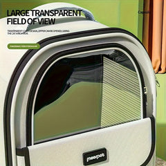 A light-colored pet carrier backpack with a large transparent window and mesh ventilation panel.