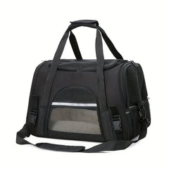 A black soft-sided pet carrier bag with mesh ventilation panels and a shoulder strap.