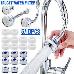 A flexible kitchen faucet water filter extender with multiple replacement filter cartridges.