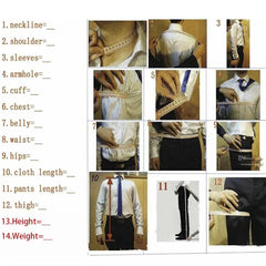 A measurement guide showing twelve numbered steps for taking body measurements for a custom suit.