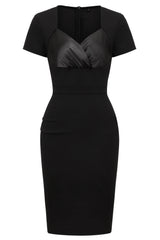 A black knee-length sheath dress with short sleeves and a satin-textured sweetheart neckline.