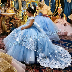 Customized Champagne Flower Girl Dresses For Wedding Appliques With Bow Elegant Princess Birthday Party First Communion Gown