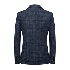 A back view of a navy blue slim fit blazer with a subtle textured plaid pattern.