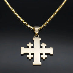A gold-colored stainless steel Jerusalem cross pendant hangs from a matching link chain.