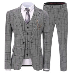 A grey houndstooth three-piece suit featuring a single-button jacket, vest, and matching trousers.
