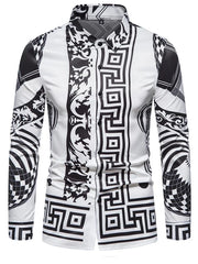 A men's long-sleeve button-down shirt featuring a black and white geometric and floral print.