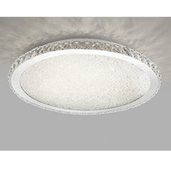 A round, modern LED ceiling light featuring a crystal-encrusted center and a faceted glass rim.