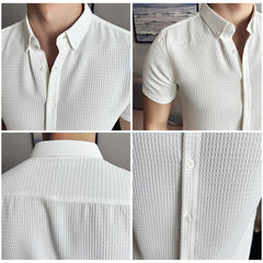 Thin Waffle Shirt, Non-Ironing Business Slim Shirt, Men's Short Sleeve Shirt Brown,Exquisite Business Short-Sleeved Shirt