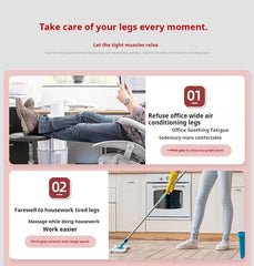 A portable electric wireless foot massager shown in use while working at a desk and doing chores.