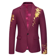 A slim-fit wine red blazer featuring gold floral hot stamping prints and a single-button closure.