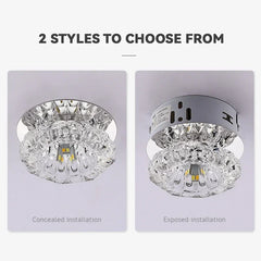 Two styles of crystal LED ceiling lights shown with concealed and exposed installation options.