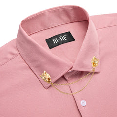 Hi-Tie Long Sleeve Mens Shirts Silk Brown Solid Lapel Green Black Red Beige Purple Pink Slim Fit Shirt Wedding Business Formal