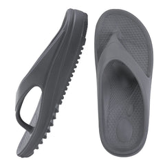 A pair of grey, thick-soled EVA flip-flops with a textured footbed shown from side and top views.