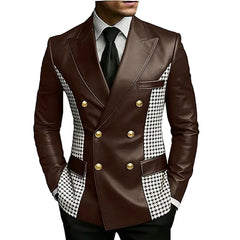 Men’s Brown Leather Blazer With Houndstooth Sides Vintage Two-Tone Double Breasted Slim Fit Gold Buttons Leather Tuxedo Jacket