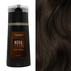 A bottle of Nova dark brown hair dye shampoo next to a swatch of dark brown hair.