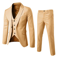 A three-piece slim-fit suit in solid tan featuring a blazer, vest, and matching trousers.