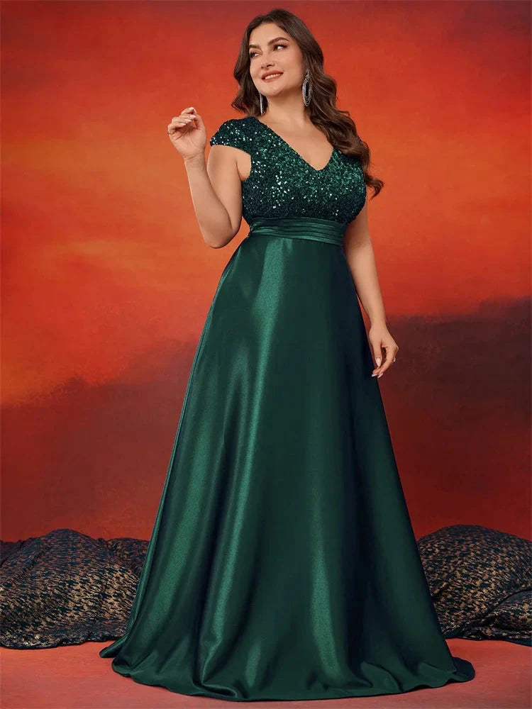 XUIBOL Plus Size Elegant V-Neck Green Sequin Evening Dress Long Luxury Women Satin Short Sleeves Party Prom Cocktail Dress SHOWLU FASHION STORE