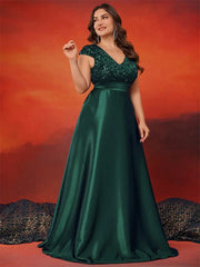 XUIBOL Plus Size Elegant V-Neck Green Sequin Evening Dress Long Luxury Women Satin Short Sleeves Party Prom Cocktail Dress SHOWLU FASHION STORE