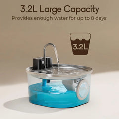 A stainless steel pet water fountain with a transparent base and a faucet-style spout.