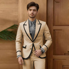 Beige Male Fashion Suit 2 Piece Set Single Breasted Jacket Pants Groomsmen Prom Blazers Outfits Slim Fit Groom Wedding Tuxedos