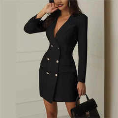 Autumn Solid Color Long Sleeved Suit Dress, Fashionable Women's Suit Collar Long Sleeved Button Up Cardigan Slim Fit Mini Skirt SHOWLU FASHION STORE