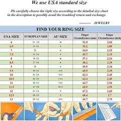 A ring size conversion chart showing USA, European, and Australian sizes with circumference measurements.