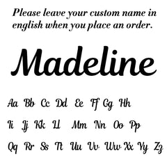 A font style guide for a custom name necklace showing the name Madeline and the full alphabet.